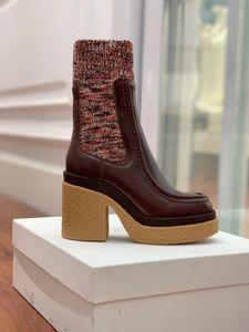 Modische Damen-Socken für Herbst und Winter, hohe Absätze, gestrickte elastische Designer-Stiefel aus 100 % Rindsleder, braune gestrickte Woll-Stiefeletten, Größe 35–40–41