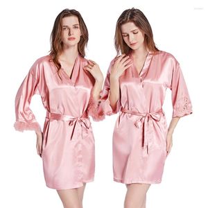 Mulheres sleepwear design pena renda cetim robes noiva casamento robe quimono roupão femme sexy casual curto