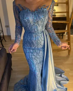 Aso Ebi 2023 Arabic Mermaid Sky Blue Prom Dress Sequined Lace Evening Formal Party Second Reception Birthday Engagement Gowns Dresses Robe De Soiree SH0152