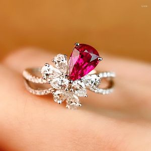 Cluster Rings Real 14K White Gold Natural Ruby Gemstone Ring For Women Fine Anillos De Wedding Bands Origin Females Box