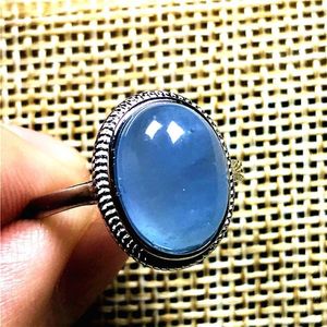 Klusterringar 13x10mm Top Natural Ocean Blue Aquamarine Stone Ring For Woman Lady Man Crystal Beads Silver Justerbara smycken