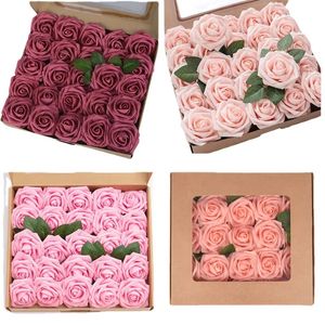 25pcs box leaves Heads Artificial Rose Flowers Foam Fake Faux Flowers Roses for DIY Wedding Bouquets Party Decor Garden Decoration