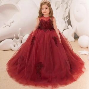 Vestidos de menina vestido flor vermelho fofo tule renda frisada gola redonda sem mangas casamento elegante festa de aniversário eucarística infantil