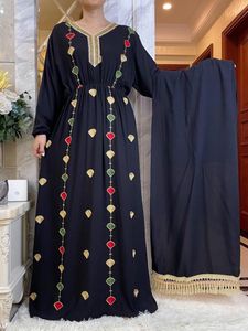 Ethnic Clothing African Summer Long Sleeve Dresses Collect Waist Embroidery Floral Maxi Islam Women Cotton Abaya With Big Scarf