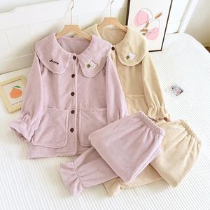 Kadın pijama pazen pijamalar setler uzun kollu uyku takım elbise gömlek pantolon coral kadife yaka ev giyim 2pcs gece kıyafetleri gevşek gündelik