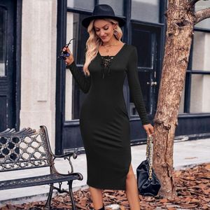 Freizeitkleider Damen Herbstkleid Schickes, vielseitiges Damen-Midikleid mit Schnürung, V-Ausschnitt und geteiltem Saum für die Frühlings- und Herbstsaison Slim Fit