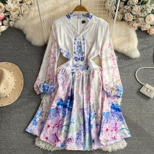 Spring and Autumn Fashion Light Luxury Temperament Bubble Long Sleeve V-Neck Waist Shrinking A-line Positioning Printed Dress