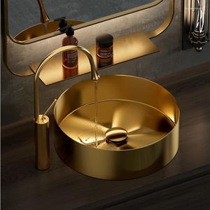 Rubinetti per lavandino del bagno Lavabo da appoggio in acciaio inossidabile dorato Lavabo integrato di lusso leggero con lato sottile