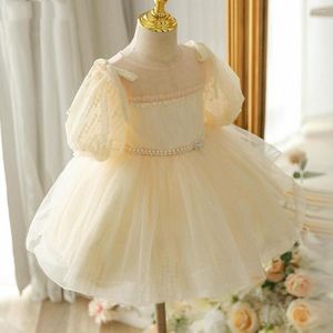 Girl Dresses Yellow Tulle Puffy Flowers Girls Bow Pearls Sequin Short Sleeves Ball Gowns O-neck Wedding Birthday Party Prom Dress