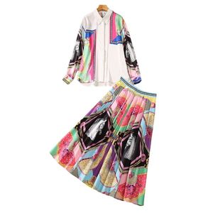 Conjunto de vestido de duas peças com estampa paisley multicolorida de outono, manga comprida, lapela, gola única, blusa, meia panturrilha, saia peplum, conjunto de ternos de duas peças S3Q270726