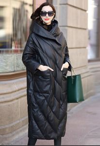 Kvinnors läderjacka äkta kvinnor lång fårskinn kappa kvinnliga vinter parkor huva överdimensionerade jackor mujeres a2023
