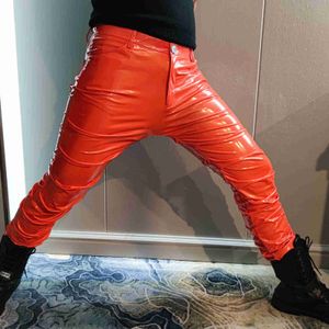 Calças masculinas moda plissada calças shinny couro sexy boate streetwear hip hop homens trajes pu erkek pantolon 230901