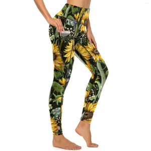 Kvinnors leggings solros konst yoga byxor sexiga solrosor som blommar grafik push up fitness leggins andningsbara stretchiga sportstrumpbyxor