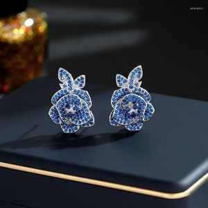 Stud Earrings Cute Rose Flower Full CZ Zircon Blue Purple Stone Camellia Silver Needle Fashion Jewelry For Women Party Wedding