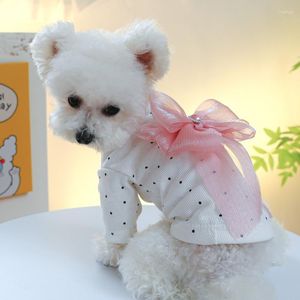 犬のアパレル犬衣類猫ホワイトドットベースシャツ服レースピンクピンクの大弓小さな春の秋の女の子甘い韓国ファッションペット製品