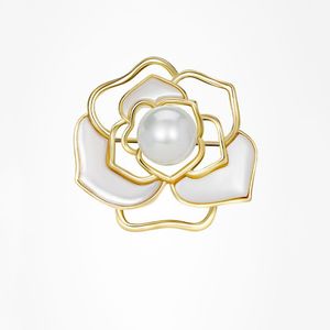 Luxury Enamel Shell Camellia Rose Flower Brooch Boutique Female Lapel Pearl Jewelry Party Banquet Daily Coat Handbag Pins Gift Wholesale YMBR003