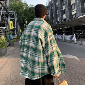 Men's Casual Shirts Privathinker Green Woolen Plaid Shirt Coat Men's Loose Korean Thickened Long Sleeve Male Casual Blouses Unisex Fashion Clothing 230901