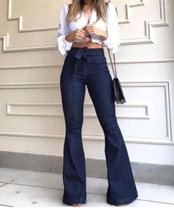 Calças de brim femininas moda pouco estiramento comprimento total flare calças jeans feminino azul outono cintura alta rendas até bota corte cordões