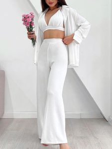 Женская одежда для сна Linad, белые пижамы для женщин, комплекты из 3 предметов, свободные женские бюстгальтеры на тонких бретельках с длинными рукавами, осенние повседневные брючные костюмы