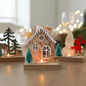 Candle Holders 1PC Cute Christmas Santa Claus House Elk Shape Candlestick Wooden Table Holder Decorative Xmas Year Gifts Ornaments