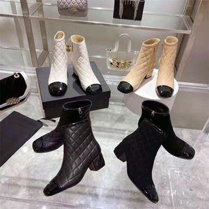 Leather women's Short boots Spring Designer Fashion mid-heel Fashion Boots Diamond Check buckle Short sheepskin blood feeling party heel height 6CM with box