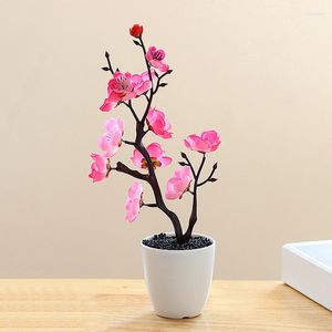 装飾的な花ボンサイシルクプラムブロッサム人工植物偽のシミュレーションポットツリーブランチウェディングホームリビングルームの装飾