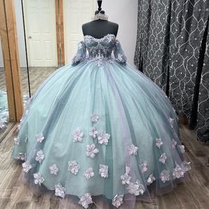 Light Green Bling Quinceanera Dresses Mexican Sweetheart Off-The-Shoulder Short Sleeve Applique 3DFlower Ball Gowns Puffy Vestidos