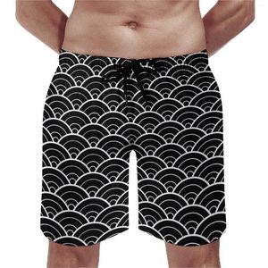 Men's Shorts Board Seigaiha Japanese Vintage Swim Trunks Black Waves Print Men Comfortable Sports Oversize Beach