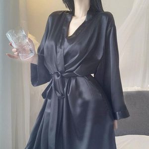 Damen-Nachtwäsche, Satin-Robe für Frauen mit Gürtel, Nachthemd, einfarbig, Nacht trägt Pyjama, Nachthemd, langärmelig, sexy Homewear 2023