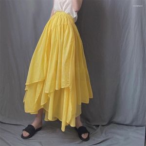 Saias elásticas de cintura alta saia fofa para moda feminina elegante irregular cor sólida bolo grande balanço longo 2023 verão