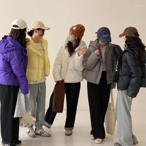 Kadın Trençkotları 2023 Sonbahar Kış Katı Kapşonlu Yastıklı Kısa Kısa Kadın Zarif 5 Kollu Moda Kore Parkas Lady Zipper Sarı Mor