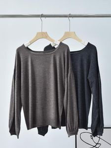 Kvinnors tröjor tröja tidigt på hösten värmde Silk Wool Square Collar Design Lantern Sleeve Light and Thin Sticked Bottoming Top