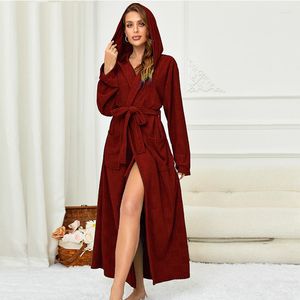 Women's Sleepwear Female Hooded Cotton Kimono Bathrobe Gown With Pocket Solid Robe Loose Loungewear Nightgown Intimate Lingerie