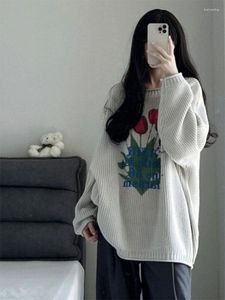 Женские свитера, оригинальный Juku Street Tulip, креативный узор с принтом, ленивый пуловер, корейский ретро, серый вязаный повседневный свитер большого размера