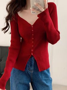 Suéteres femininos Vinho Vermelho Único Breasted V-Neck Sweater Cardigan Grosso Moda Coreana Mulheres Outono Doce C603