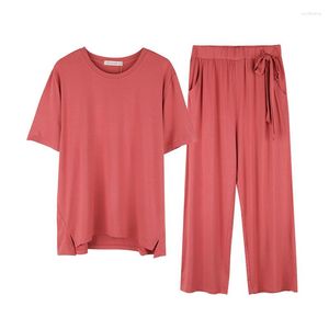 Mulheres Sleepwear 2023 Verão Casual Lossen Pijama Conjuntos Senhoras Fibra De Bambu Terno Mulheres Manga Curta Camiseta Calças Casa Roupas M-XXL