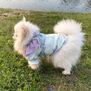Одежда для собак Одежда для маленьких собак Кошка с пышными рукавами Цветочная рубашка Одежда Kawaii Фиолетовый лацкан Летняя тонкая корейская мода для девочек Товары для домашних животных
