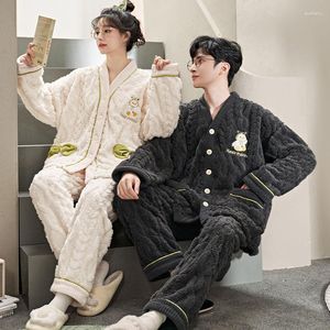 Women's Sleepwear Couple Pajamas Set Women Men Winter Button Cardigan Lovers Nightgown Coral Fleece Thicken Kawaii Homewear