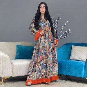 Roupas étnicas Borlas Abaya Colorido Retro Padrão Geométrico Impressão Robe Vestido Longo Muçulmano Feminino Islam Kaftan Solto Hem Kebaya Jalabiya