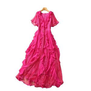 Herbst-Pink, einfarbig, getäfeltes Spitzenkleid, kurze Ärmel, V-Ausschnitt, gerüschtes Midi-Freizeitkleid S3G040804, Übergröße XXL