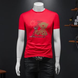 2023 new drill embroidered printed short-sleeved T-shirt fashion trend casual slim men's round neck bottoming shirt266t