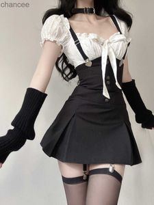 Podstawowe sukienki swobodne biała bluzka i czarny pasek 2 sztuki zestaw Y2K min Min sukienka Kawaii Corset sukienka Lolita w stylu Gothic Sukienki Summer 2023 LST230904