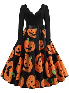 Sukienki swobodne 2023 HARAJUKU VINTAGE DRUKOWANIE Halloween dla kobiet mody elegancki v szyja długie rękawe damskie impreza wieczorna sukienka midi