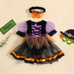 Clothing Sets Listenwind Halloween Baby Girl Outfit Puff Sleeve Tulle Patchwork Romper Dress with Headband Clothes 230901