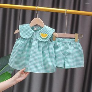 Giyim setleri 2023 yaz kızlar sevimli ekose iki parça takım elbise bebek çocuklar set bluz şort