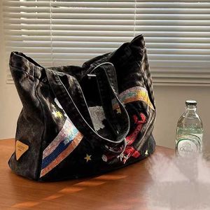 Small American Heavy Industry Brodery Fashion Square Canvas Denim Art Handheld One Shoulder Tote Bag For Women 230904