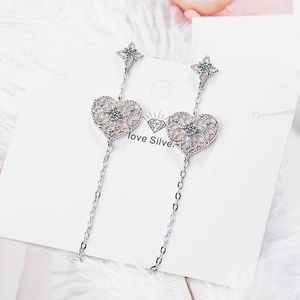 Studörhängen OpenWork Heart Flower Long Tassel Earring For Women Girl Lady Fine Jewelry Gift S925 Silver Zircon