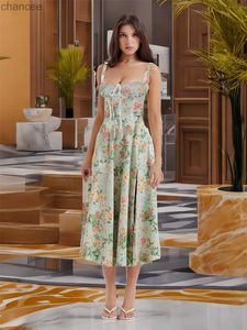 Grundläggande casual klänningar blomma tryck fyrkantig hals bustier maxi klänning för kvinnor sommar blommor korsett midi klänningar franska bomullsugn sundress d rosa små lst230904