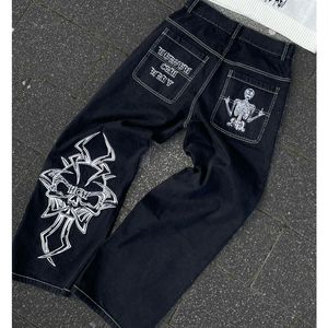 Mäns jeans y2k mäns svart retro skalle demon demon tvättade mens jeans high street försäljning baggy jeans kvinnor hip hop stretch midja svarta byxor 230904