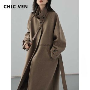 Women's Wool Blends CHIC VEN Women's Long Trencn Coat Standing Belt Lace Up Woolen Coat Raglan Sleeves Long Overcoat Office Lady Autumn Winter 2023 HKD230904